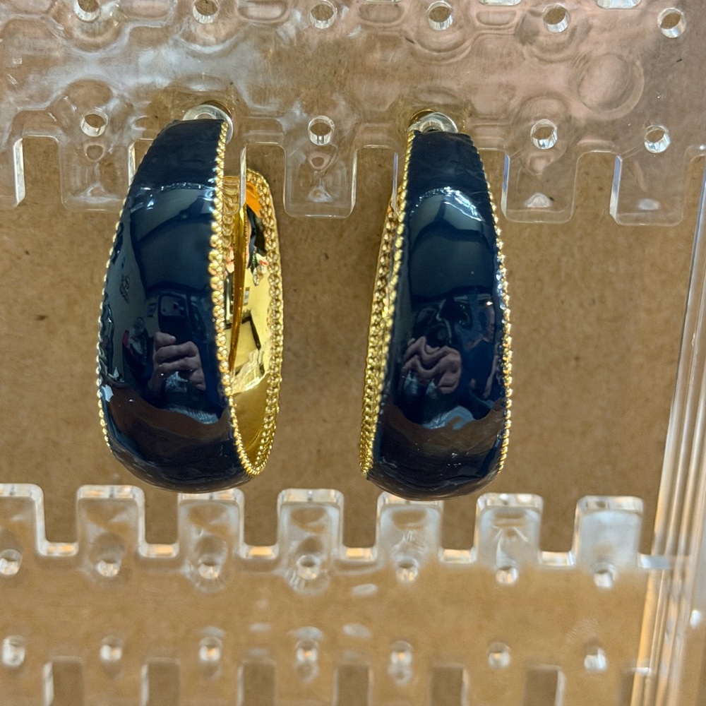 Gold and Black Enamel Hoop Earrings - Women Jewelry